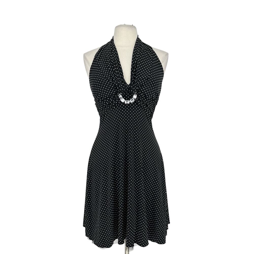 Y2K My Mitchel Halter Babydoll Dress Size S Polka Dot Pinup Coquette Rhinestone - Picture 2 of 12